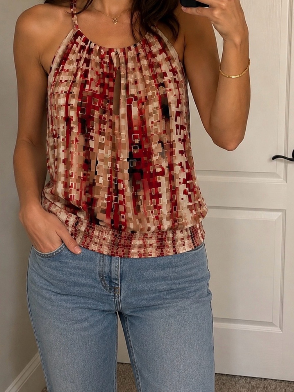 White House Black Market Red & Beige Geometric Halter Tank
